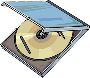 A cartoon image of a CD in a case