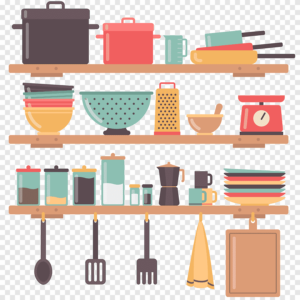 A cartoon image of various kitchen supplies and utensils.