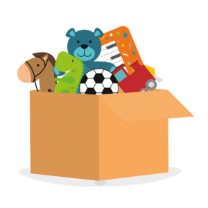 A cartoon image of a box full of children's toys