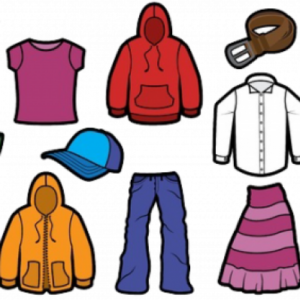 A cartoon image of clothing - T-shirt; hoodie; dress shirt; hat; pants; skirt; belt; jacket