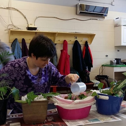 A Pegasus participant watering plants.