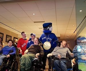 An image of participants with the Blue Jays mascot.